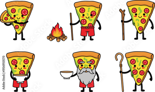 Cute pepperoni pizza slice cartoon character collection featuring a wizard with a staff a traveler and a pizza eating itself.