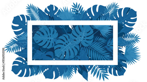 White rectangular frame is set against a lush background of various tropical leaves in different shades of deep blue.