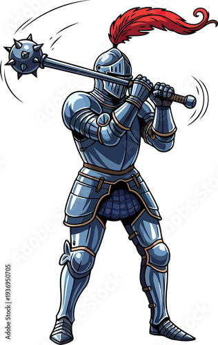Plate armored knight swinging heavy spiked mace in battle
