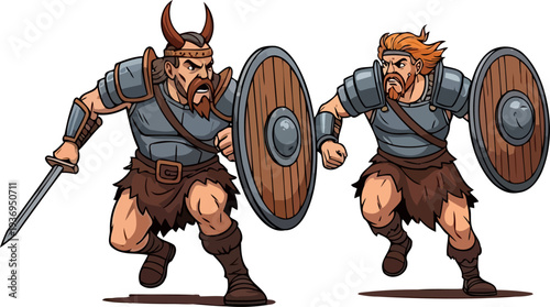 Pair of barbarian warriors charging into battle with swords and shields