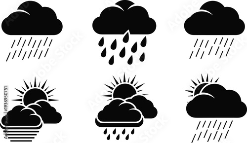 Black weather icon set featuring clouds, rain drops, sun, and fog symbols isolated on a white background for forecast design