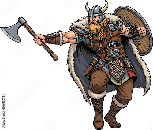 Norse chieftain charging with an axe and wooden shield wearing a fur cape