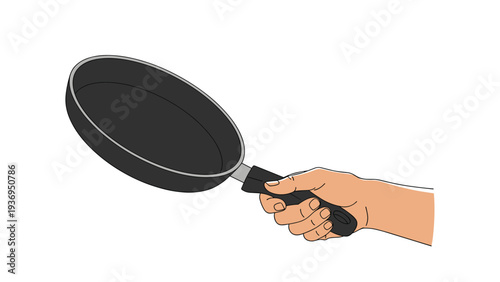 Human hand firmly grasping the black handle of a round frying pan against a clean white background for cooking and culinary themes.