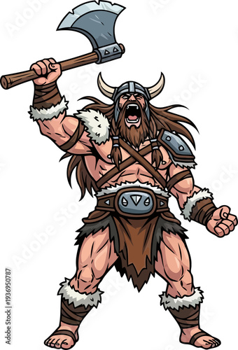 Raging viking berserker shouting while raising a single-headed bearded axe high for war
