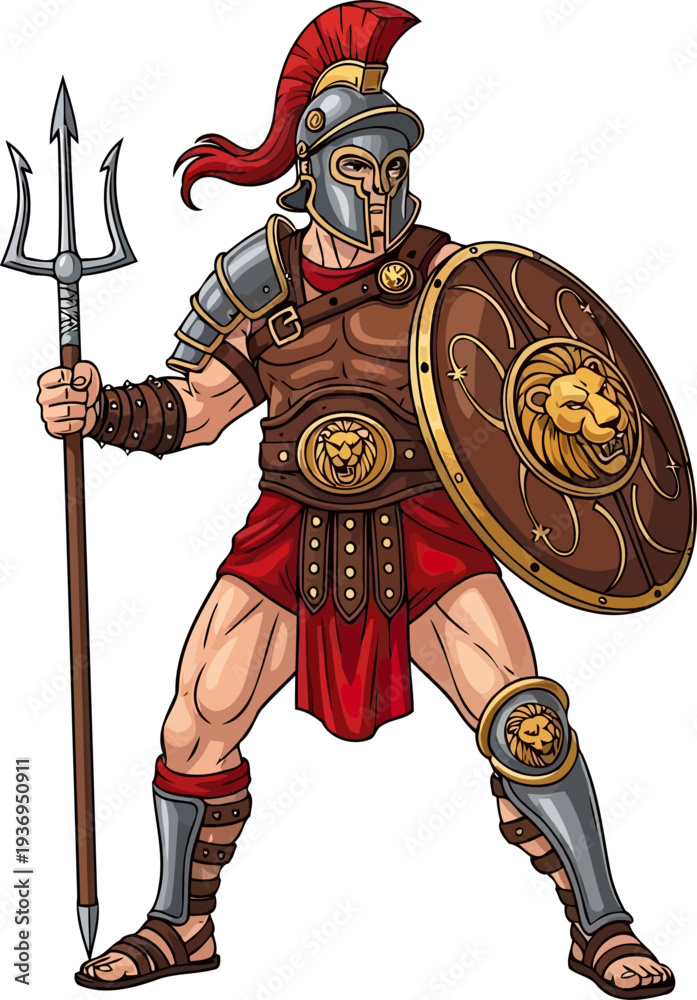 Fototapeta premium Roman gladiator holding trident and lion emblem shield
