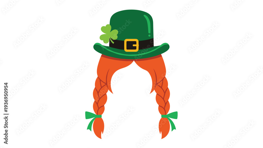 Obraz premium Traditional leprechaun hat in green with a gold buckle and red braided hair for St Patricks Day celebrations and irish cultural festival.