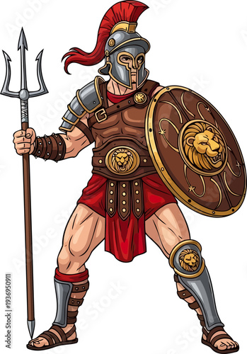 Roman gladiator holding trident and lion emblem shield