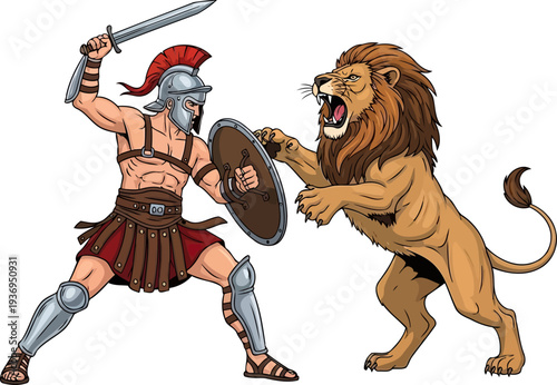Roman gladiator fighting a roaring lion with a sword and shield in the arena