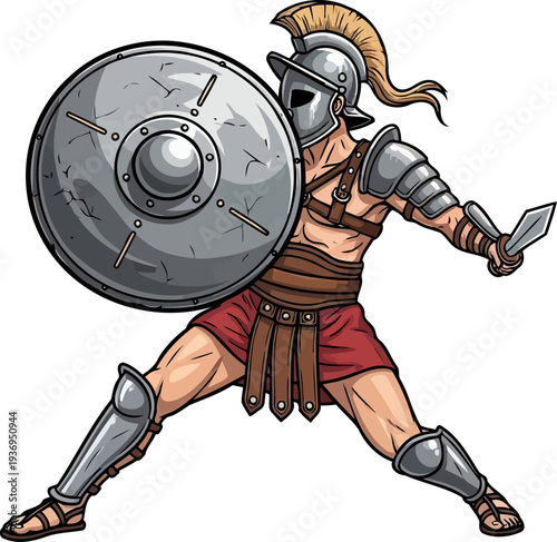 Roman gladiator with a round shield and short sword in the arena