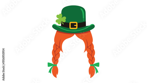Traditional leprechaun hat in green with a gold buckle and red braided hair for St Patricks Day celebrations and irish cultural festival.