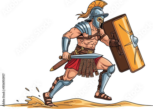 Roman infantryman running into combat with a sword and yellow shield