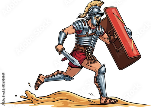 Roman legionary charging across desert sand with a gladius and scutum