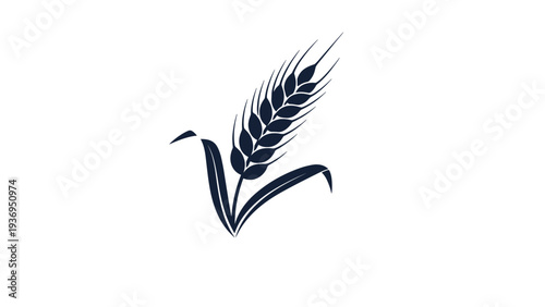 Single black silhouette of a wheat ear with two leaves leaning to the side on a plain white background for agricultural logo and design.