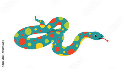 Sinuous green snake with a pattern of orange and yellow dots crawling and flicking its red tongue on a clean white background for nature.