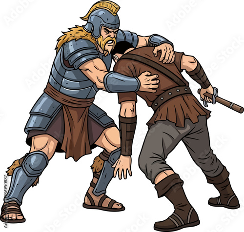 Roman legionary grappling with enemy fighter in hand to hand combat