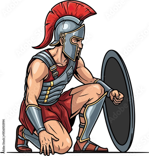 Roman legionary kneeling behind a large round shield in a defensive formation stance