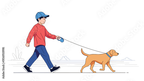 Illustration of a young boy in a red sweater and blue cap walking a golden retriever dog on a blue leash in a park during the daytime.
