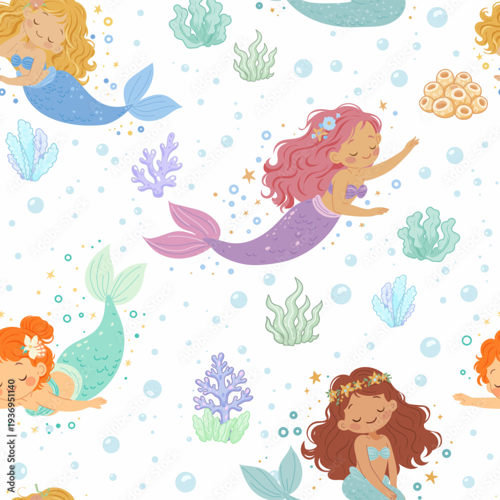 Obraz premium Seamless pattern with cute cartoon mermaids, children's vector pattern in flat style.