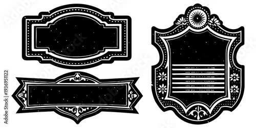 Collection of 3 empty vintage signs, monochrome, hand-drawn engraving style, ornate frames, aged worn texture, old western saloon aesthetic