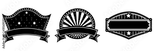 Collection of 3 empty retro signs, black and white, bold outline style, star and banner decorations, carnival vintage aesthetic, distressed ink