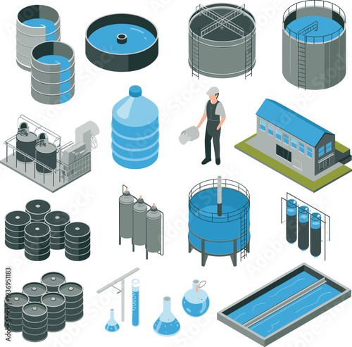 Industrial water treatment plant isometric vector illustration with storage tanks, filtration system, laboratory glassware, factory building and worker