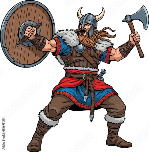 Shouting viking warrior charging with round wooden shield and axe