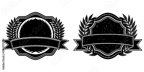 empty vintage signs, monochrome stipple engraving style, decorative laurel wreath borders, distressed ink texture, retro stamp aesthetic