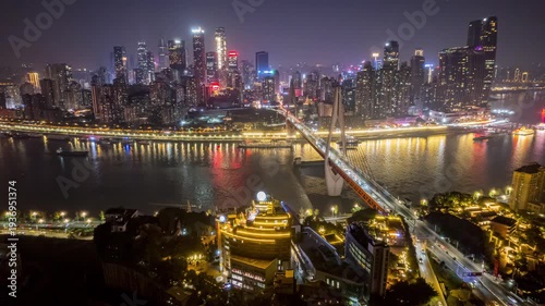 Chongqing Night Skyline with Yangtze River Bridge