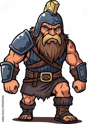 Stocky barbarian warrior with a thick brown beard and heavy metal arm guards