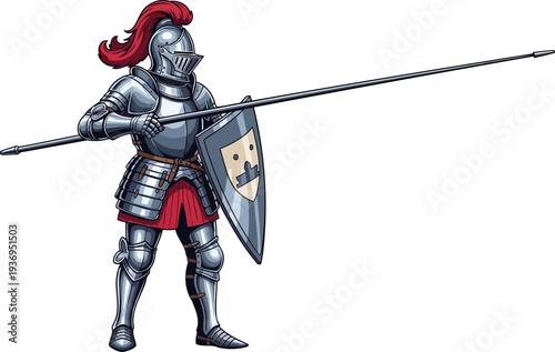 Stalwart guardian standing with long pike and shield