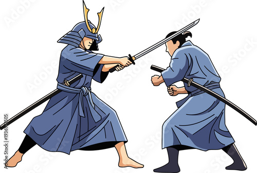 Two samurai warriors engaged in a katana sword duel