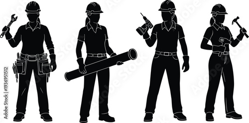 Female construction worker silhouettes holding tools, professional woman builder with hammer and drill, industrial contractor engineer set for labor branding
