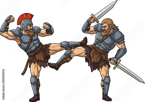 Two ancient warriors engaged in kicking combat with swords