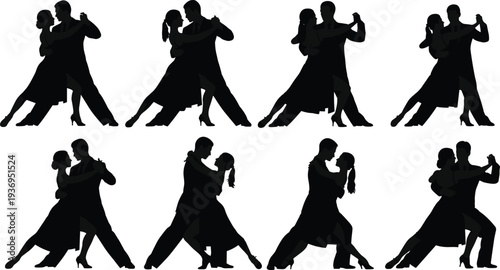 Elegant Silhouette Vector Set of Professional Ballroom Dancers Performing Romantic Tango and Salsa Dance Poses Isolated on White Background for Design