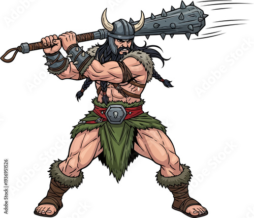 Viking berserker swinging a heavy spiked mace with both hands
