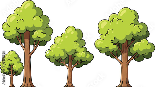 Large collection of various green deciduous tree illustrations with lush summer foliage and tall brown trunks, isolated flat vector icons.