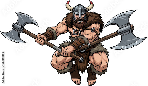 Viking berserker jumping with two double-headed axes in a fierce attack