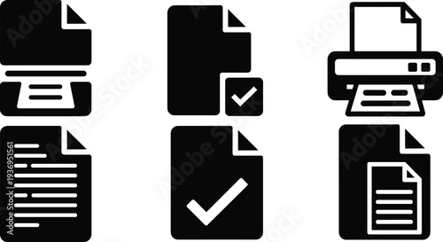 Document and file icons set with print, checklist and text page symbols vector office paperwork collection isolated on dark background
