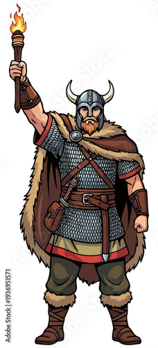 Viking explorer carrying flaming torch and fur cloak