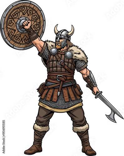 Viking defender raising wooden shield and axe