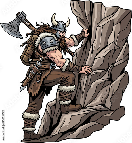 Viking raider scaling steep mountain cliff with axe on back