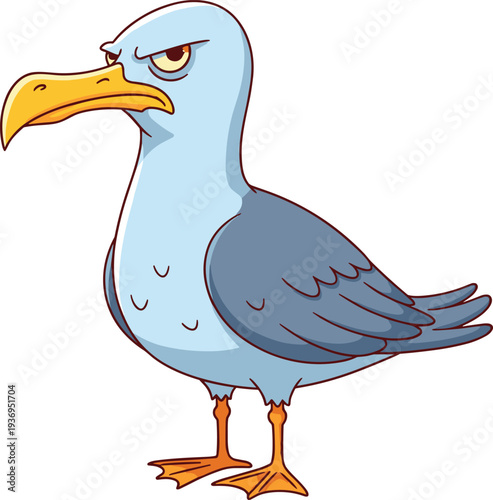 Funny grumpy seagull cartoon character with an angry expression and yellow beak isolated on white background for coastal beach design.