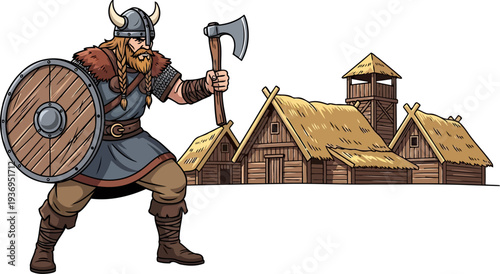 Viking raider holding axe and shield in front of village houses