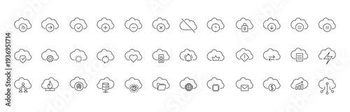 Cloud Computing Line Icons Set. Upload, Download, Security, Backup and Data Storage Symbols