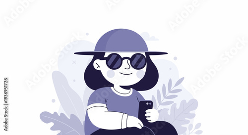A person wearing a hat and sunglasses is holding a smartphone while seated