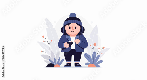 Character in winter attire using phone amidst botanical elements