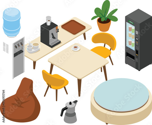 Isometric office break room interior vector illustration with coffee machine, vending machine, water cooler, chairs, table, and lounge furniture