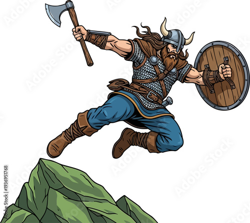 Viking warrior leaping from a rock with an axe and wooden shield