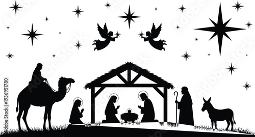 Christmas Nativity Scene Silhouette Vector, Jesus Christ Birth in Manger, Mary Joseph Holy Family, Three Wise Men, Angel Stars, Isolated