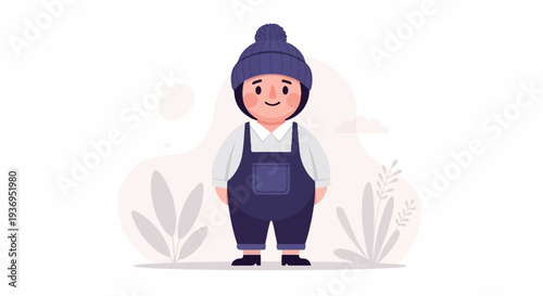 A plump, joyful child in a knitted hat and denim overalls stands in a whimsical, nature-inspired setting